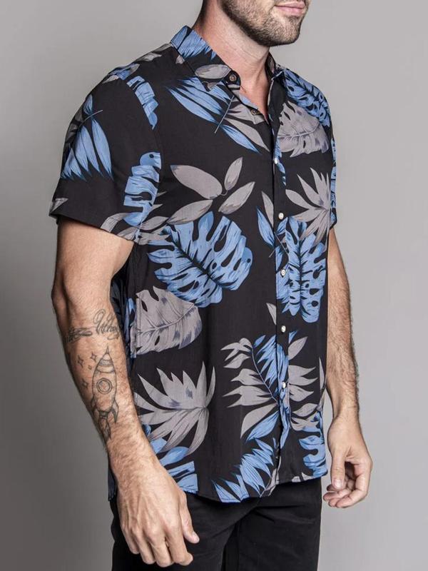 Men's Summer Clothes, Regular Fit Leaf Print Button Front Shirt, Casual Short Sleeve Collar Hawaiian Shirt for Summer, Men's Clothes for Beach Vacation Summer Holiday