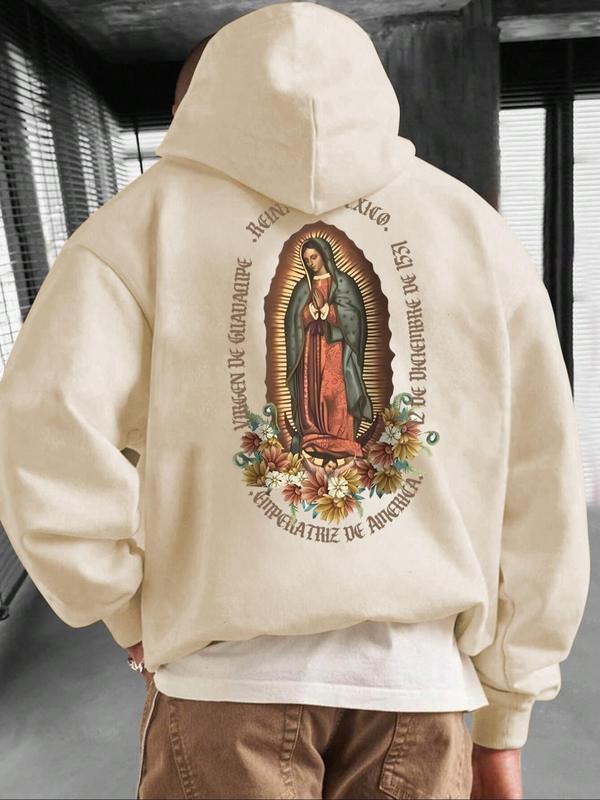 Men's Letter & Virgin Mary Print Drop Shoulder Hoodie, Fashion Casual Regular Fit Drawstring Pocket Hooded Sweatshirt for Daily Holiday Outdoor Wear, Men Clothes for Fall & Winter, Essential Hoodies, Hoodies for Men