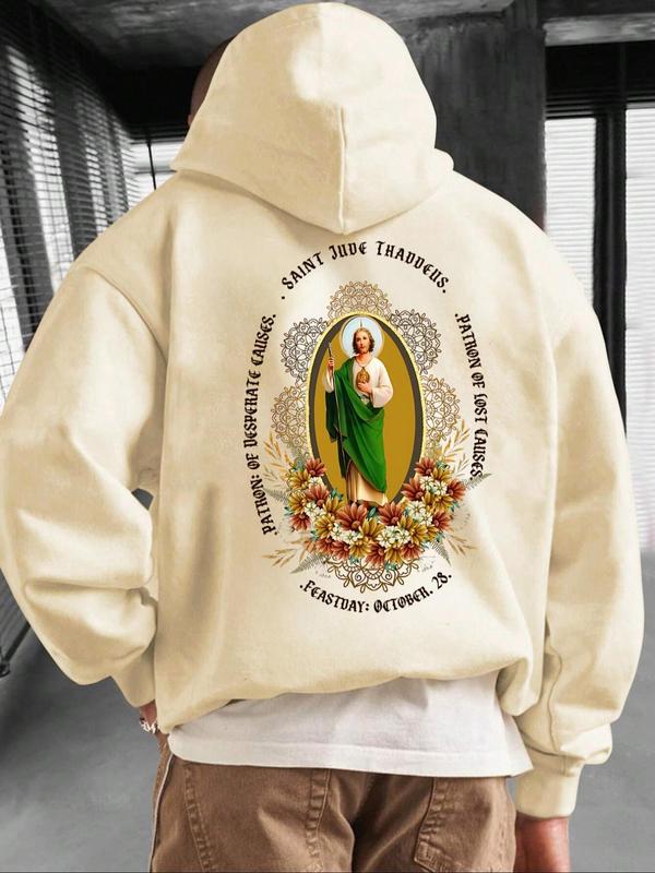 Men's Letter & Virgin Mary Print Drop Shoulder Hoodie, Fashion Casual Regular Fit Drawstring Pocket Hooded Sweatshirt for Daily Holiday Outdoor Wear, Men Clothes for Fall & Winter, Essential Hoodies, Hoodies for Men