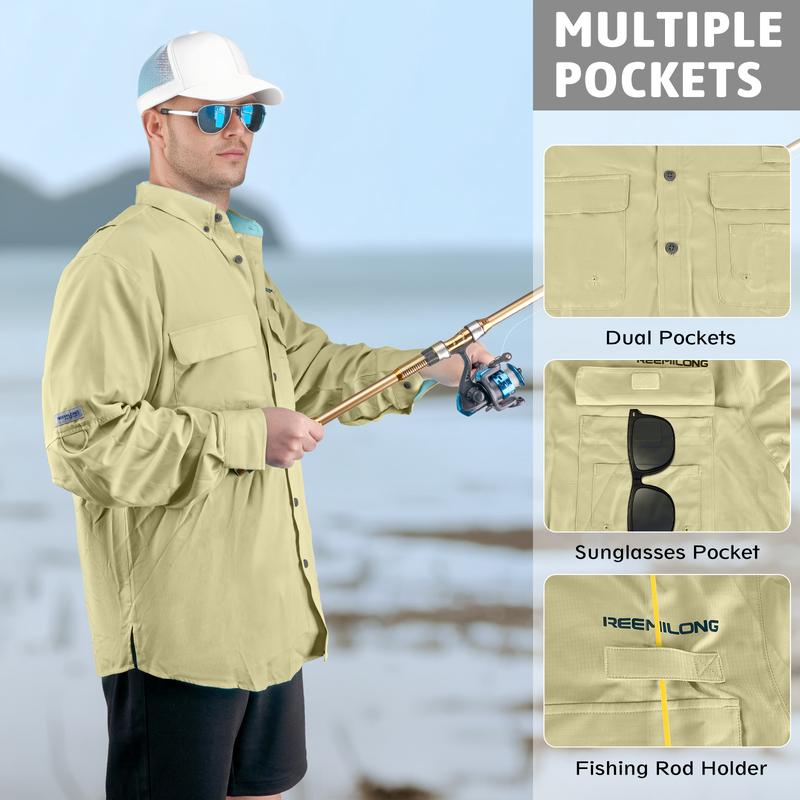 TruDave Men's Long Sleeve Fishshirt, Proof UV SPF 50+ Protection Sunblock Shirt, Fishing Gear Khaki for Men Hiking Travel Classic Menswear UV shirt Casual Jacket