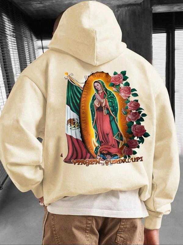 Men's Letter & Virgin Mary Print Drop Shoulder Hoodie, Fashion Casual Regular Fit Drawstring Pocket Hooded Sweatshirt for Daily Holiday Outdoor Wear, Men Clothes for Fall & Winter, Essential Hoodies, Hoodies for Men