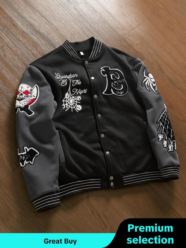 Unisex's Letter & Bat & Skull Patched Button Front Pocket Varsity Jacket, Regular Fit Street Long Sleeve Baseball Collar Outerwear for Daily Wear, Unisex's Clothes for Fall & Winter, Gift for Girlfriend Gift For Girlfriend Winter Jacket