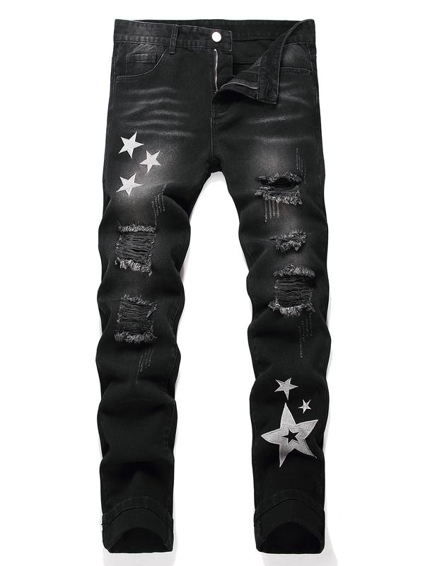 Men Star Print Ripped Frayed RagStitching Ripped Jeans Slim-fittingCasual