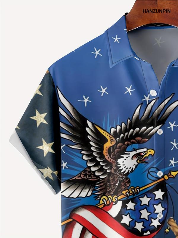 Men's Plus Size Flag & Eagle Print Button Shirt, Casual Short Sleeve Collar Top, Shirts for Men, Plus Menswear for All Seasons