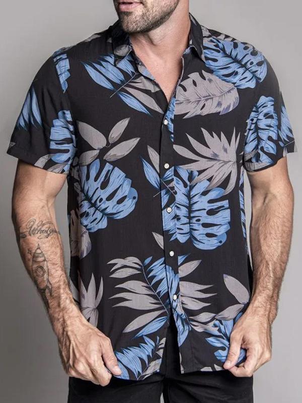 Men's Summer Clothes, Regular Fit Leaf Print Button Front Shirt, Casual Short Sleeve Collar Hawaiian Shirt for Summer, Men's Clothes for Beach Vacation Summer Holiday