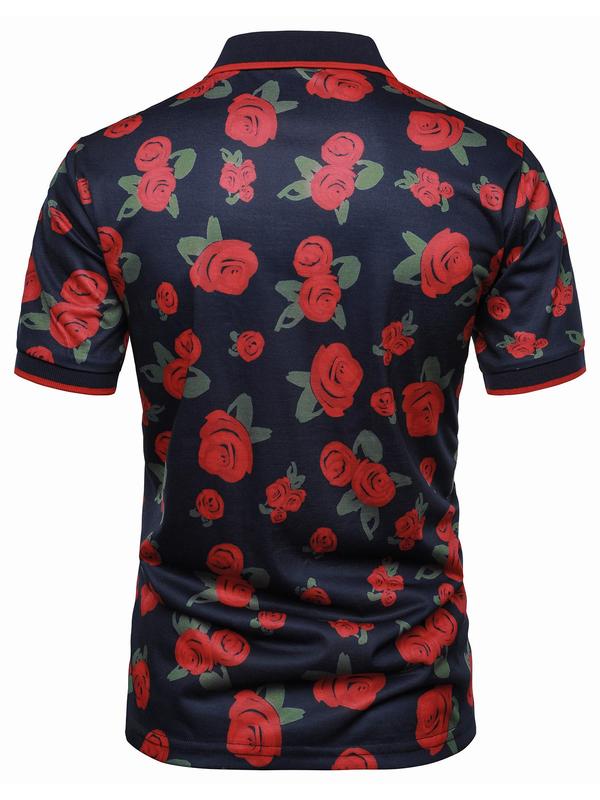 Men's Floral Print Contrast Binding Polo Shirt, Casual Regular Fit Short Sleeve Button Front Top for Summer, Fashion Men's Clothes for Casual Daily Wear