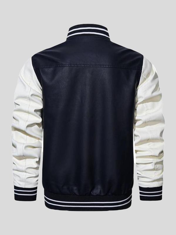 Letter & Figure Embroidery Colorblock Zip Up PU Leather Bomber Jacket, 2024 Fall Outfits, Fallfreshness Casual Long Sleeve Pocket Baseball Collar Outerwear for Fall & Winter, Men's Clothes for Daily Wear Letterman Jacket