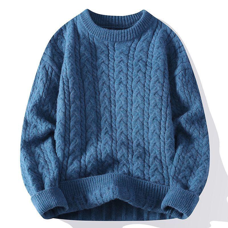 Autumn Fleece-Lined Trendy Less Sweater Men's Thickened Twist Sweater Knitted Warm Bottoming Casual Loose