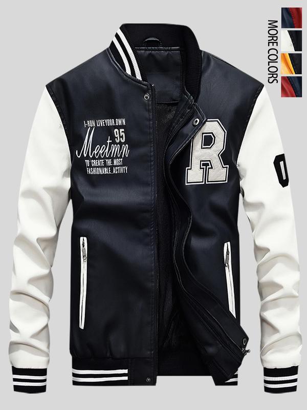 Letter & Figure Embroidery Colorblock Zip Up PU Leather Bomber Jacket, 2024 Fall Outfits, Fallfreshness Casual Long Sleeve Pocket Baseball Collar Outerwear for Fall & Winter, Men's Clothes for Daily Wear Letterman Jacket