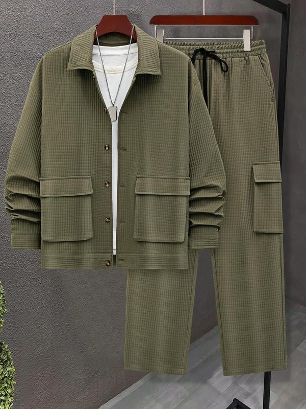 Men's Solid Button Front Shirt & Drawstring Waist Pants Set, Regular Fit Casual Long Sleeve Collared Top & Pocket Trousers, Men's Spring & Fall Clothes