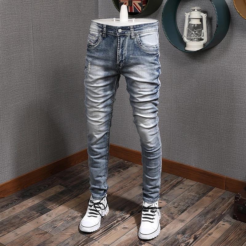 Fashion Designer Men Jeans Retro Light Blue Stretch Slim Fit Printed Ripped Jeans Men Hole Trousers Vintage Casual Pants Hombre