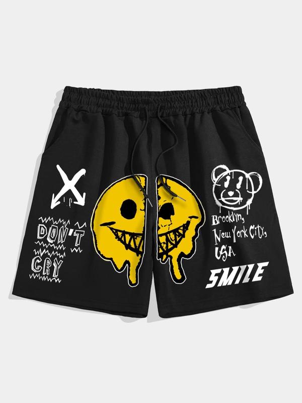 Men's Cartoon Face & Heart Print Drawstring Waist Shorts, Casual Regular Fit Pocket Track Shorts for Summer, Men's Bottoms for Daily Wear