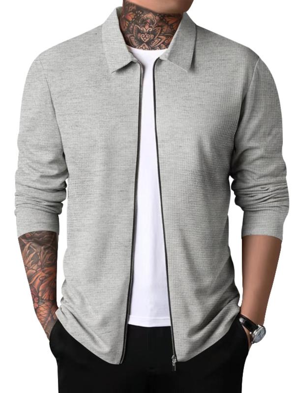 Men's Solid Zip Up Waffle Jacket, Regular Fit Casual Long Sleeve Collared Outerwear for Spring & Fall, Fashion Men's Clothes for Daily Wear