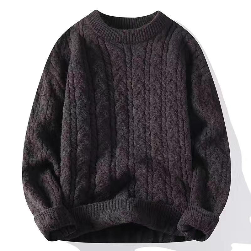 Autumn Fleece-Lined Trendy Less Sweater Men's Thickened Twist Sweater Knitted Warm Bottoming Casual Loose