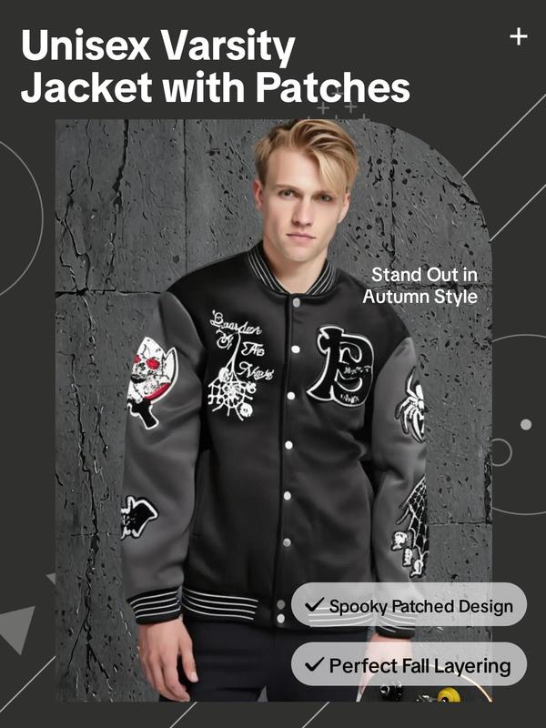 Unisex's Letter & Bat & Skull Patched Button Front Pocket Varsity Jacket, Regular Fit Street Long Sleeve Baseball Collar Outerwear for Daily Wear, Unisex's Clothes for Fall & Winter, Gift for Girlfriend Gift For Girlfriend Winter Jacket