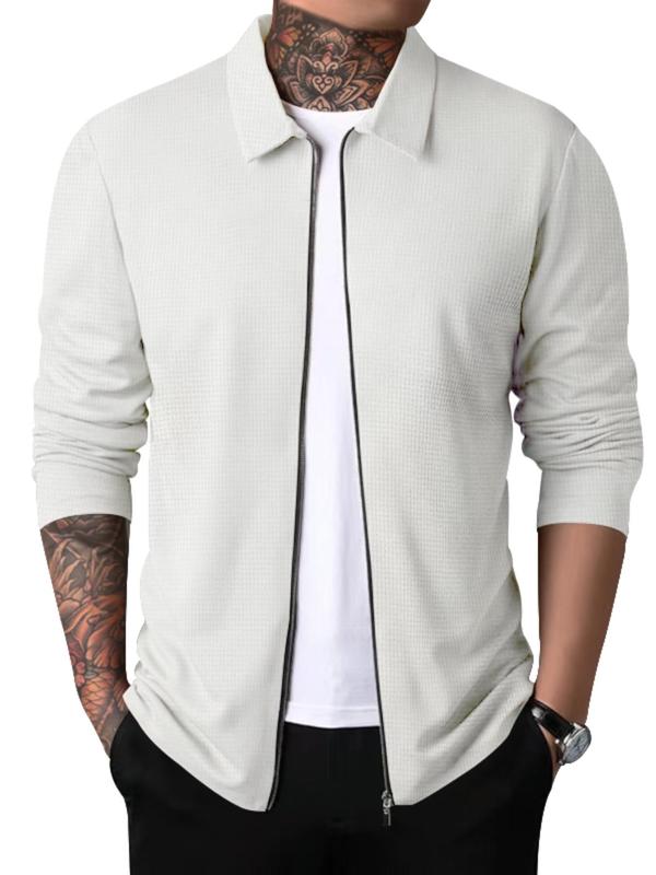 Men's Solid Zip Up Waffle Jacket, Regular Fit Casual Long Sleeve Collared Outerwear for Spring & Fall, Fashion Men's Clothes for Daily Wear