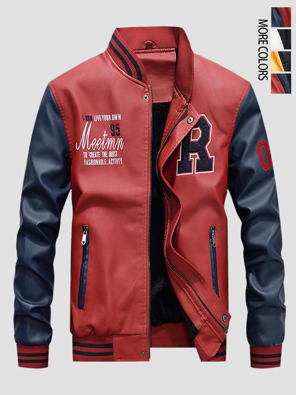 Letter & Figure Embroidery Colorblock Zip Up PU Leather Bomber Jacket, 2024 Fall Outfits, Fallfreshness Casual Long Sleeve Pocket Baseball Collar Outerwear for Fall & Winter, Men's Clothes for Daily Wear Letterman Jacket