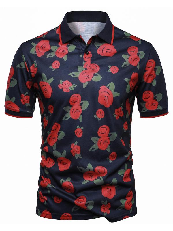 Men's Floral Print Contrast Binding Polo Shirt, Casual Regular Fit Short Sleeve Button Front Top for Summer, Fashion Men's Clothes for Casual Daily Wear