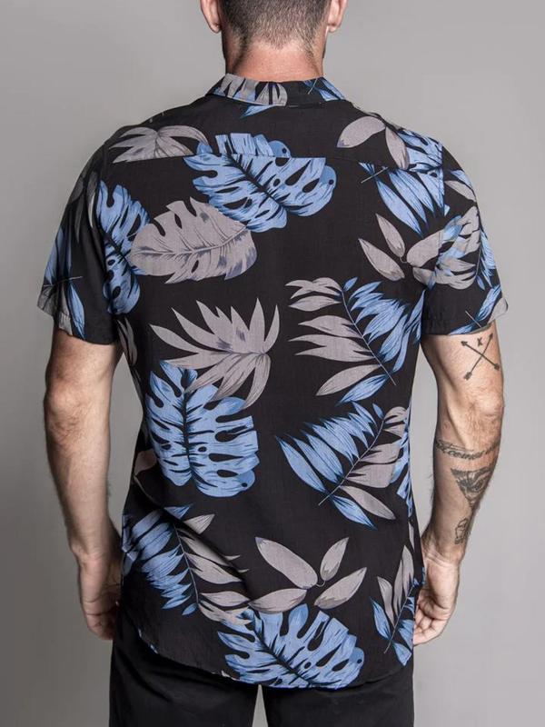 Men's Summer Clothes, Regular Fit Leaf Print Button Front Shirt, Casual Short Sleeve Collar Hawaiian Shirt for Summer, Men's Clothes for Beach Vacation Summer Holiday