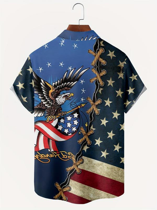 Men's Plus Size Flag & Eagle Print Button Shirt, Casual Short Sleeve Collar Top, Shirts for Men, Plus Menswear for All Seasons