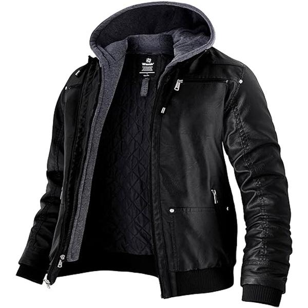 Men's Faux Leather Jacket with Removable Hood Motorcycle Jacket Casual Warm Winter Coat Menswear Tops Menswear Tops leather jacket