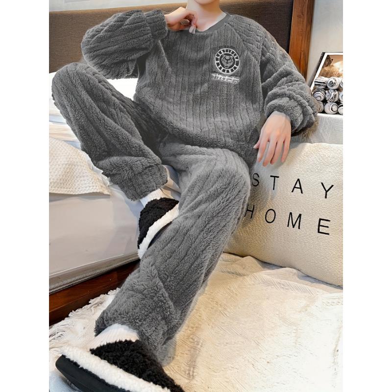 Men's Simple Style Casual Pajamas Sets Warm Flannel Lounge Wear, Tiger Print Long Sleeve Crew Neck Top & Loose Pants Home Pajamas Sets, Outdoor Sets For Autumn Winter