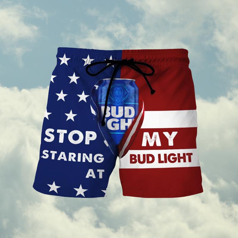 Stop Staring At My Bud Light US Flag Beach Short Summer Gift For Men