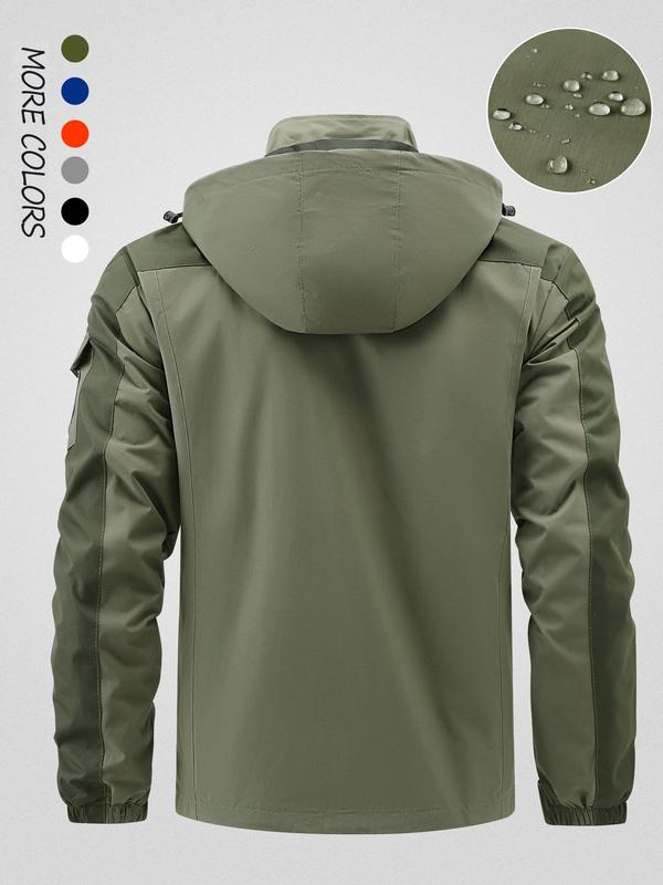 Men's Regular Fit Patchwork Drawstring Zip Up Hooded Jacket, Casual Waterproof Windproof Long Sleeve Outerwear for Spring & Fall, Fashion Men's Clothes for Daily Wear