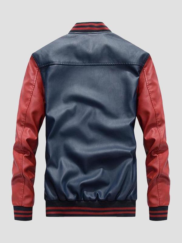 Letter & Figure Embroidery Colorblock Zip Up PU Leather Bomber Jacket, 2024 Fall Outfits, Fallfreshness Casual Long Sleeve Pocket Baseball Collar Outerwear for Fall & Winter, Men's Clothes for Daily Wear Letterman Jacket