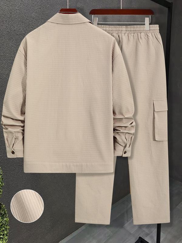 Men's Solid Button Front Shirt & Drawstring Waist Pants Set, Regular Fit Casual Long Sleeve Collared Top & Pocket Trousers, Men's Spring & Fall Clothes