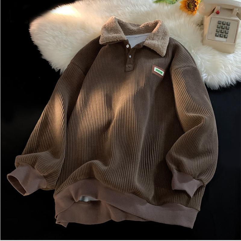 2024 Corduroy Polo collar sweater couple autumn and winter style plus velvet thickened simple fashion lamb wool coat