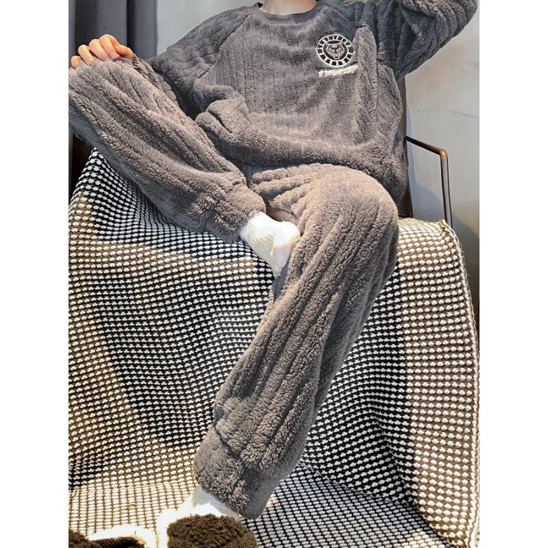 Men's Simple Style Casual Pajamas Sets Warm Flannel Lounge Wear, Tiger Print Long Sleeve Crew Neck Top & Loose Pants Home Pajamas Sets, Outdoor Sets For Autumn Winter