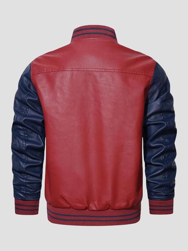 Letter & Figure Embroidery Colorblock Zip Up PU Leather Bomber Jacket, 2024 Fall Outfits, Fallfreshness Casual Long Sleeve Pocket Baseball Collar Outerwear for Fall & Winter, Men's Clothes for Daily Wear Letterman Jacket