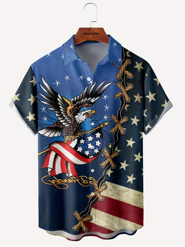 Men's Plus Size Flag & Eagle Print Button Shirt, Casual Short Sleeve Collar Top, Shirts for Men, Plus Menswear for All Seasons