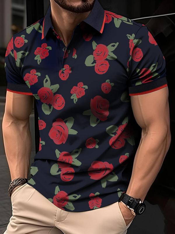 Men's Floral Print Contrast Binding Polo Shirt, Casual Regular Fit Short Sleeve Button Front Top for Summer, Fashion Men's Clothes for Casual Daily Wear