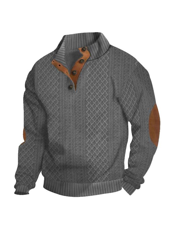 Men's Colorblock Jacquard Half Button Sweatshirt, Regular Fit Casual Long Sleeve Stand Collar Pullover for Spring & Fall, Fashion Men's Top for Daily Wear