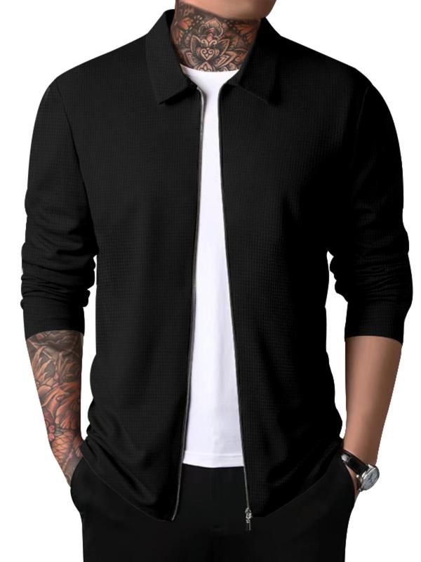 Men's Solid Zip Up Waffle Jacket, Regular Fit Casual Long Sleeve Collared Outerwear for Spring & Fall, Fashion Men's Clothes for Daily Wear