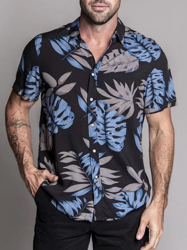 Men's Summer Clothes, Regular Fit Leaf Print Button Front Shirt, Casual Short Sleeve Collar Hawaiian Shirt for Summer, Men's Clothes for Beach Vacation Summer Holiday