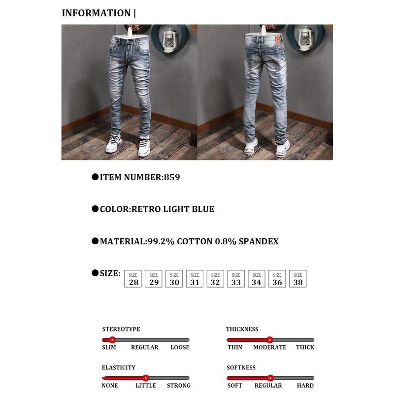 Fashion Designer Men Jeans Retro Light Blue Stretch Slim Fit Printed Ripped Jeans Men Hole Trousers Vintage Casual Pants Hombre