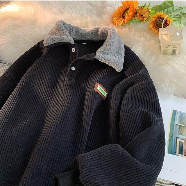 2024 Corduroy Polo collar sweater couple autumn and winter style plus velvet thickened simple fashion lamb wool coat