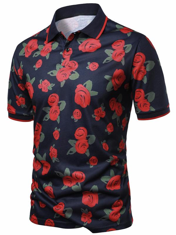 Men's Floral Print Contrast Binding Polo Shirt, Casual Regular Fit Short Sleeve Button Front Top for Summer, Fashion Men's Clothes for Casual Daily Wear