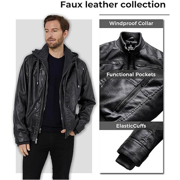 Men's Faux Leather Jacket with Removable Hood Motorcycle Jacket Casual Warm Winter Coat Menswear Tops Menswear Tops leather jacket