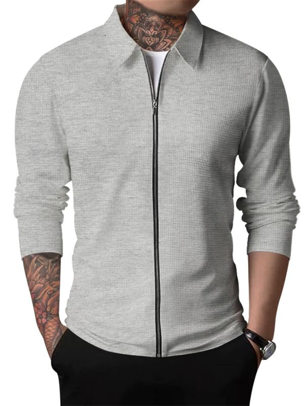 Men's Solid Zip Up Waffle Jacket, Regular Fit Casual Long Sleeve Collared Outerwear for Spring & Fall, Fashion Men's Clothes for Daily Wear