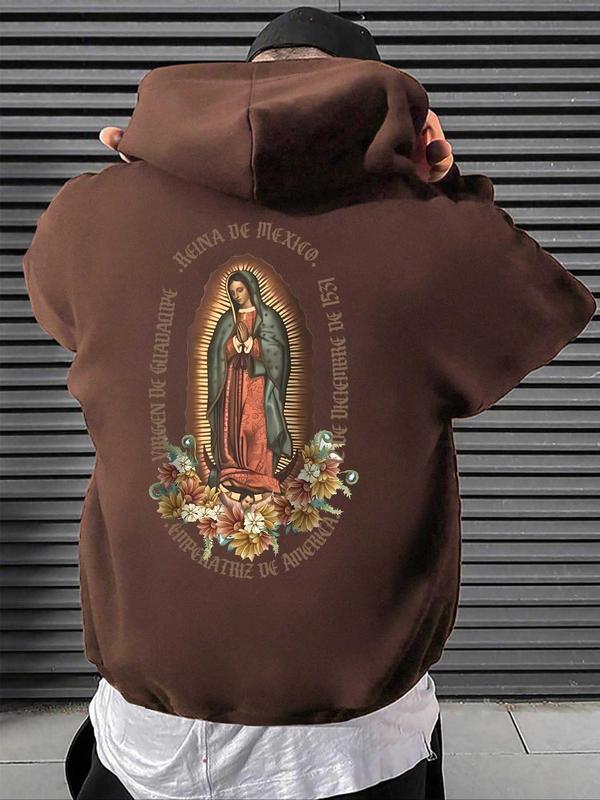 Men's Letter & Virgin Mary Print Drop Shoulder Hoodie, Fashion Casual Regular Fit Drawstring Pocket Hooded Sweatshirt for Daily Holiday Outdoor Wear, Men Clothes for Fall & Winter, Essential Hoodies, Hoodies for Men