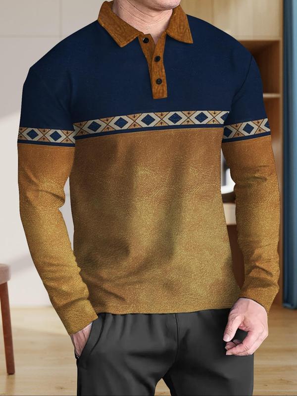 Men's Colorblock & Tribal Print Button Front Polo Shirt, Regular Fit Casual Long Sleeve Top for Daily Outdoor Wear, Fashion Men's Clothes for All Seasons