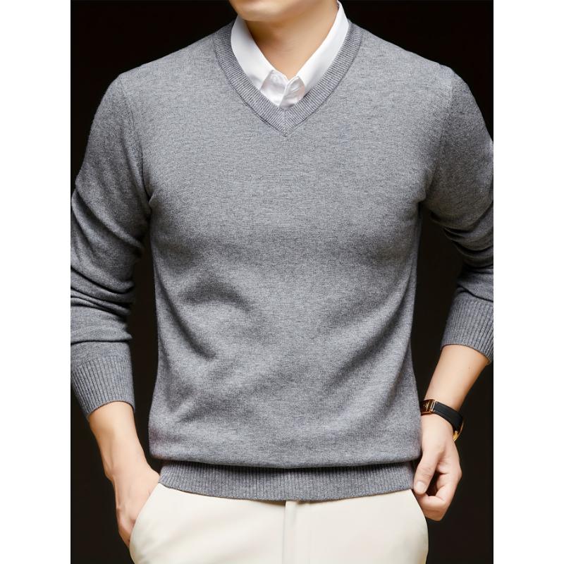 1pc Men'S Casual V-Neck Wool Blend Sweater - 400g Thickened Solid Color Knit Pullover for Autumn Winter, Regular Fit Long Sleeve Top with No Belt Detail