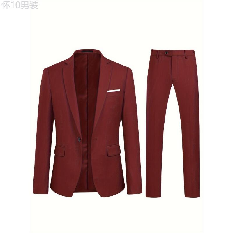 Formal 2 Pieces Set, Men's One Button Suit Jacket & Dress Pants Suit Set For Business Dinner Wedding Party Menswear Collar