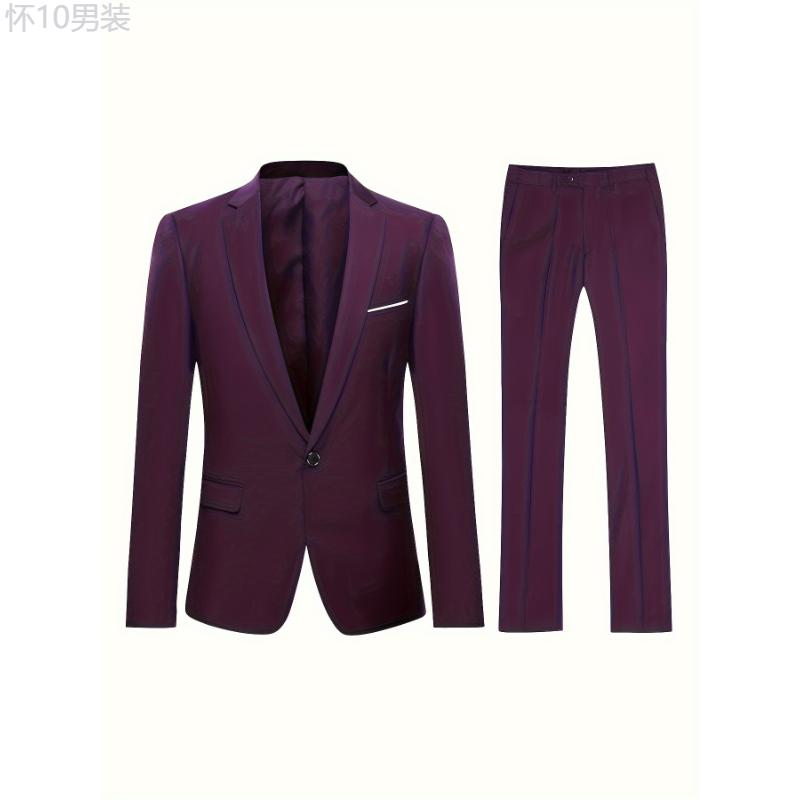 Formal 2 Pieces Set, Men's One Button Suit Jacket & Dress Pants Suit Set For Business Dinner Wedding Party Menswear Collar