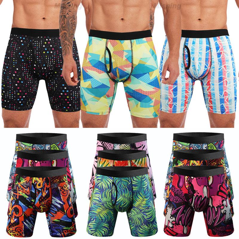 3 PACK Mens All Over Art Print Contrast Tape Boxer Briefs Shorts, Anti Chafing Underwear Comfort Sport Briefs Trunks Menswear