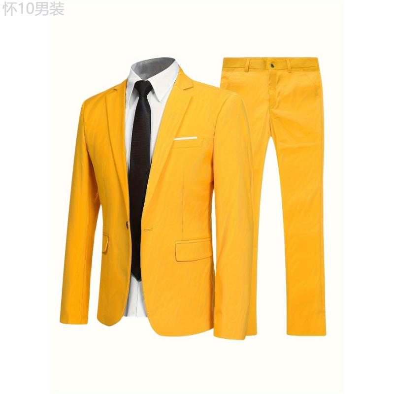 Formal 2 Pieces Set, Men's One Button Suit Jacket & Dress Pants Suit Set For Business Dinner Wedding Party Menswear Collar